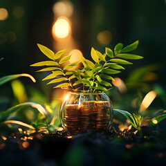 Growing Money, Financial Success, Investment Concept, coins, growth, plant, sprout, leaves