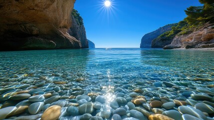 Sticker - Serene Beach View with Clear Water and Sunlight