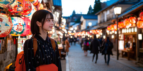 young woman with backpack enjoys vibrant street filled with colorful lanterns and bustling activity, capturing essence of lively evening market