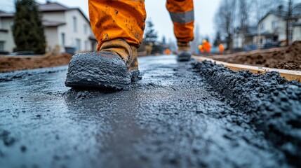 Poster - A construction worker in bright orange overalls walks on freshly poured concrete in a residential neighborhood, with other workers visible in the background.