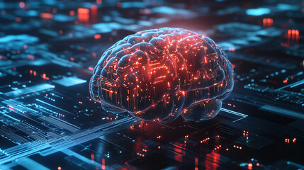 Fototapete - Digital brain made of circuits and nodes is glowing over a motherboard, symbolizing artificial intelligence