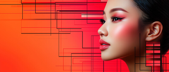 Aufkleber - striking side profile of woman with vibrant makeup against geometric, abstract red background, showcasing modern beauty and artistic expression