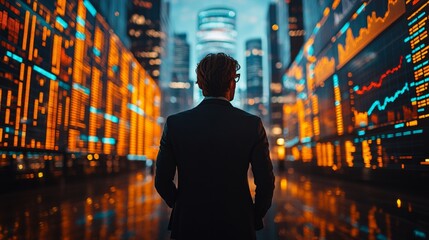 Leinwandbilder - A business professional stands with their back to the camera, gazing up at vibrant digital financial data displays in a modern cityscape during twilight.