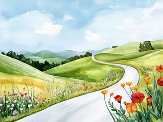 Scenic winding road through vibrant fields and hills under a sunny sky.