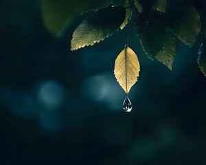 Wall Mural - Solitary Water Droplet Clinging to a Leaf in a Tranquil Forest