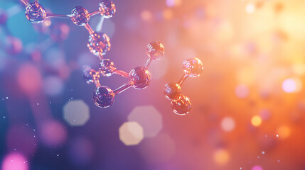 Poster - 3d illustration of molecule structure with bright orange light source floating over a blurred background