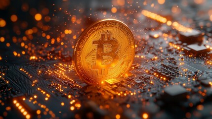 Aufkleber - The Bitcoin coin is illuminated on a circuit board, surrounded by vibrant sparks. This representation highlights the fusion of digital finance and technology in a dark setting.