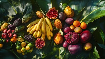 A vibrant arrangement of Thai fruits on banana leaves,