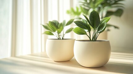 Canvas Print - Silica flowerpot in a light color, elegantly empty, creates a serene ambiance. The background with selective focus enhances the aesthetic appeal, providing ample copy space.