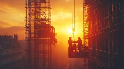 Poster - Two construction workers are seen working together on a platform at sunset, highlighting their teamwork amidst a bustling city backdrop with scaffolding.