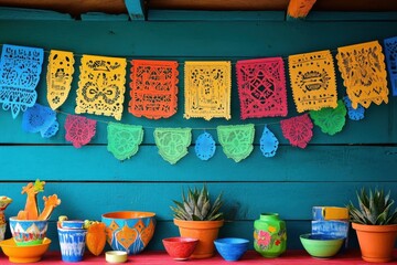 A Mexican fiesta with decorations in bright colors and traditional papel picado banners