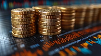 Aufkleber - Golden coins are neatly stacked on a surface featuring digital data that indicates fluctuations in financial trends, conveying a sense of wealth and investment.