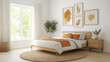 © VERTEX SPACE - A serene bedroom featuring wooden bed with orange accents, surrounded by nature inspired decor and soft natural light. space exudes calmness and warmth