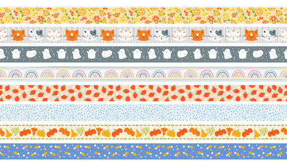 Cute washi tape seamless borders. Paper scrapbooking sticky elements. Decorative patterned scotch ribbons. Diaries and notebooks embellishment. Stationery plaster. Recent vector set