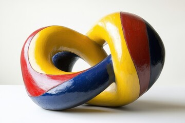 A modern art sculpture painted in bold, bright primary colors