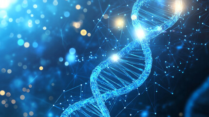 Fototapete - Glowing blue dna strand with network connection on a dark blue background with bokeh
