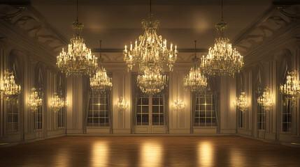 A room filled with antique ornate chandeliers. Victorian Ballroom. Illustration