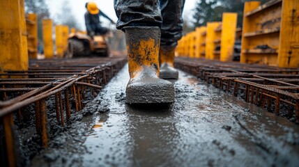 Aufkleber - Workers in rubber boots are pouring concrete at a construction site surrounded by trees. The scene captures the early stages of building work, showing wet concrete and reinforcements.
