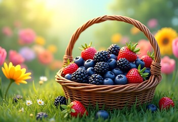 Wooden basket full of berries on the flower field on sunlight sky 