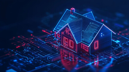 A digital representation of house illuminated in blue and red, set against backdrop of intricate circuit patterns, symbolizes fusion of technology and home automation