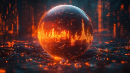 Leinwandbilder - The visual showcases a luminous globe filled with intricate data patterns, glowing orange against a dark, high-tech background, evoking a sense of advanced technology and data visualization.