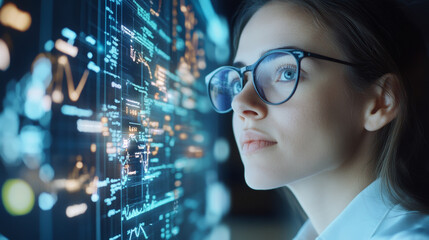 Innovative woman analyzing data on digital screen, showcasing technology and intelligence. Her focused expression reflects curiosity and engagement with information presented