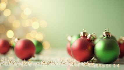 Red and green Christmas baubles on a pastel background with festive sparkle