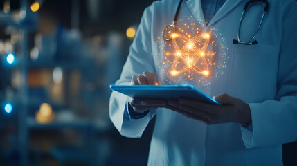 Aufkleber - Innovative medical research: doctor using digital tablet with glowing atom symbol in laboratory