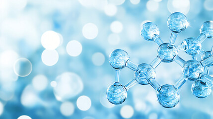 Poster - Glowing glass molecule structure against a blue background with bokeh effect evokes a feeling of scientific exploration and progress