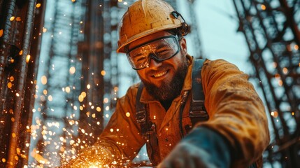 Poster - A skilled worker engages in welding, generating bright sparks amidst towering structures. The scene captures the energy and focus of construction in progress.