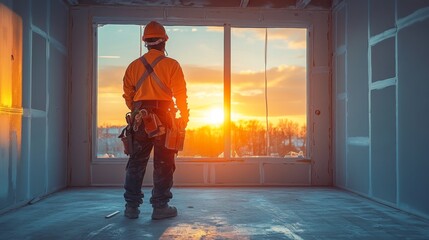 Poster - A construction worker stands in a nearly finished room, gazing out at a vibrant sunset, appreciating the view after a long day's work in an urban setting.