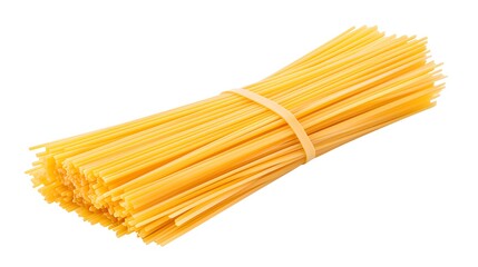 a bundle of uncooked flat pasta, Italian cuisine concept, bright yellow hue, isolated on white background