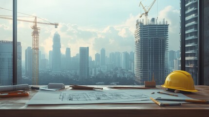 Fototapete - Urban construction scene with city skyline and architectural tools