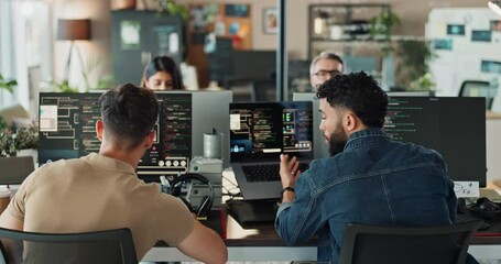 Leinwandbilder - Office, man and training on computer for coding with teamwork and collaboration as software engineer. Support, employees and people with learning for programming, innovation for system update