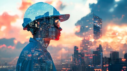 Fototapete - Urban innovation: futuristic cityscape and engineer overlapping in vibrant sunset scene