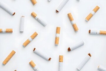 close-up of cigarettes in a geometric pattern, soft shadows, isolated on white background