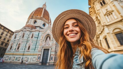 Tourist female visiting Florence cathedral, Italy - Traveller girl taking selfie portrait in front of Il Duomo di Firenze or Basilica di Santa Maria del Fiore - Italian touristic attraction concept