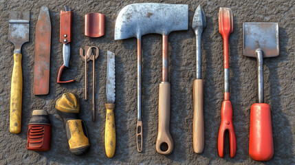 Handyman's Toolkit: A collection of well-worn, rustic hand tools arranged on a textured surface.  Each tool tells a story of craftsmanship and dedication.