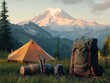 © shooreeq - Backpack and camping gear set up next to a tent with mountain view in the background