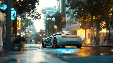 Wall Mural - Hydrogen-Powered Electric Vehicle in Futuristic City Setting,Aiming for Net Zero Emissions