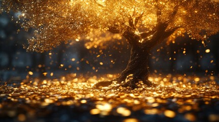 Poster - A majestic tree stands at twilight, adorned with sparkling golden leaves that blanket the ground. The enchanting atmosphere creates a magical scene filled with light.