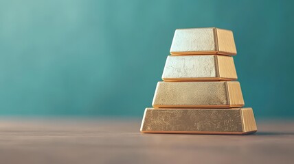 A stack of gold bars on a wooden surface, showcasing their shiny, textured appearance against a soft green background.