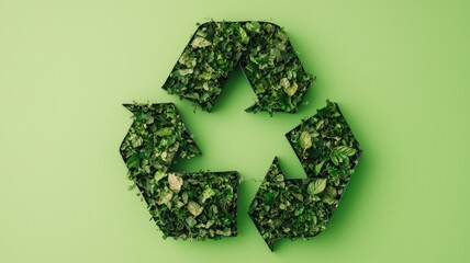 A green recycling symbol made of organic materials against a matching green backdrop, representing sustainability and environmental awareness.