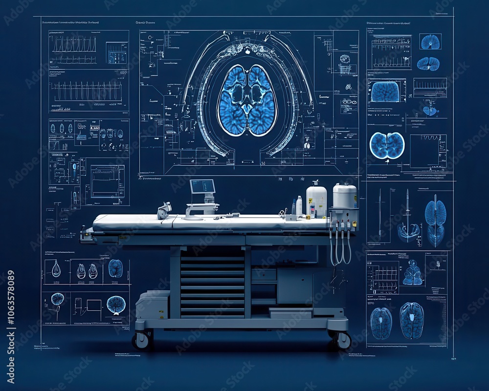 Blueprint of a cardiac catheterization lab setup, complex medical ...