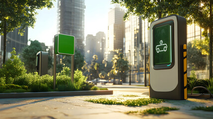 Wall Mural - Electric Vehicle Charging Station in Sustainable Urban Cityscape