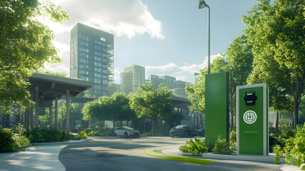 Wall Mural - Electric Vehicle Charging Station in Sustainable Green Cityscape with Zero-Emission Signage