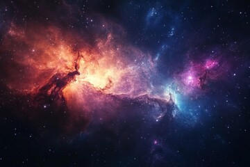 Poster - A fiery nebula glows with vibrant colors, surrounded by clusters of brilliant stars, forming an awe-inspiring celestial landscape in deep space.