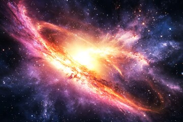 Poster - A cosmic swirl explodes with vibrant oranges and purples, radiating energy and light in a mesmerizing dance of celestial beauty and wonder across the universe.