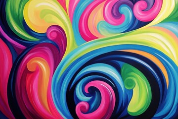 An abstract painting featuring swirls of bright neon colors, including electric blue, hot pink, and lime green