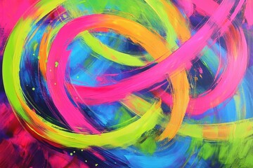 An abstract painting featuring swirls of bright neon colors, including electric blue, hot pink, and lime green